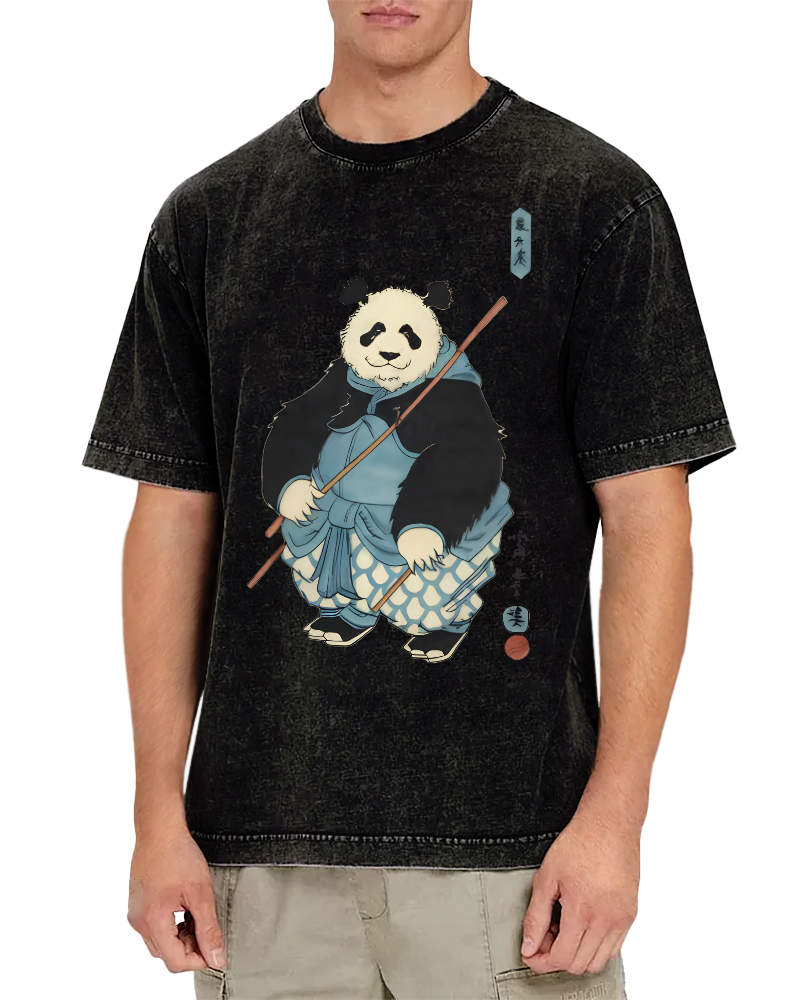 Panda Hero Japanese Style Vintage Washed T-shirt-Zazasy