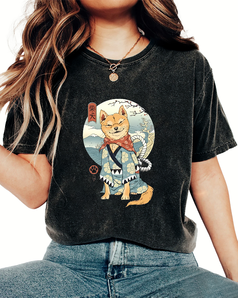 Samurai Shiba Dog Japanese Washed T-Shirt-Zazasy