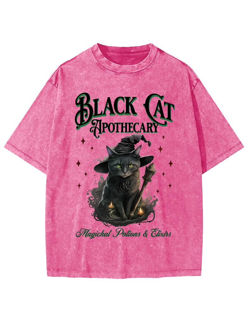Black Cat Vintage Washed T-shirt-Zazasy