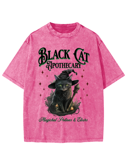 Black Cat Vintage Washed T-shirt-Zazasy