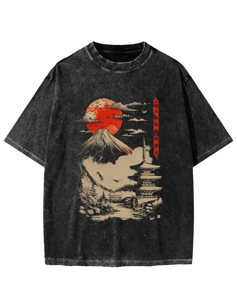 Japanese Sunset Scenery Vintage Washed T-shirt-Zazasy