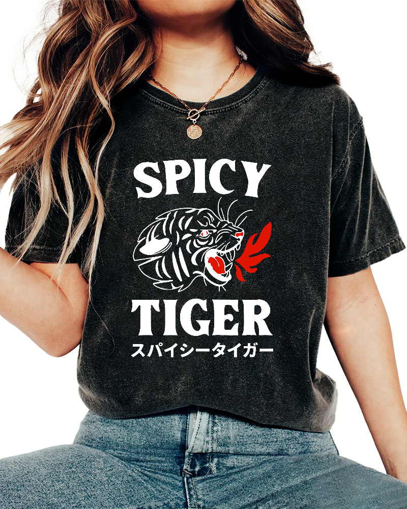 Eating Too Spicy Tiger Japanese Style Food Vintage Washed T-shirt-Zazasy