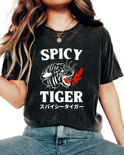 Eating Too Spicy Tiger Japanese Style Food Vintage Washed T-shirt-Zazasy