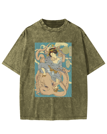 Ukiyo-i Japanese Women Vintage Washed T-shirt-Zazasy