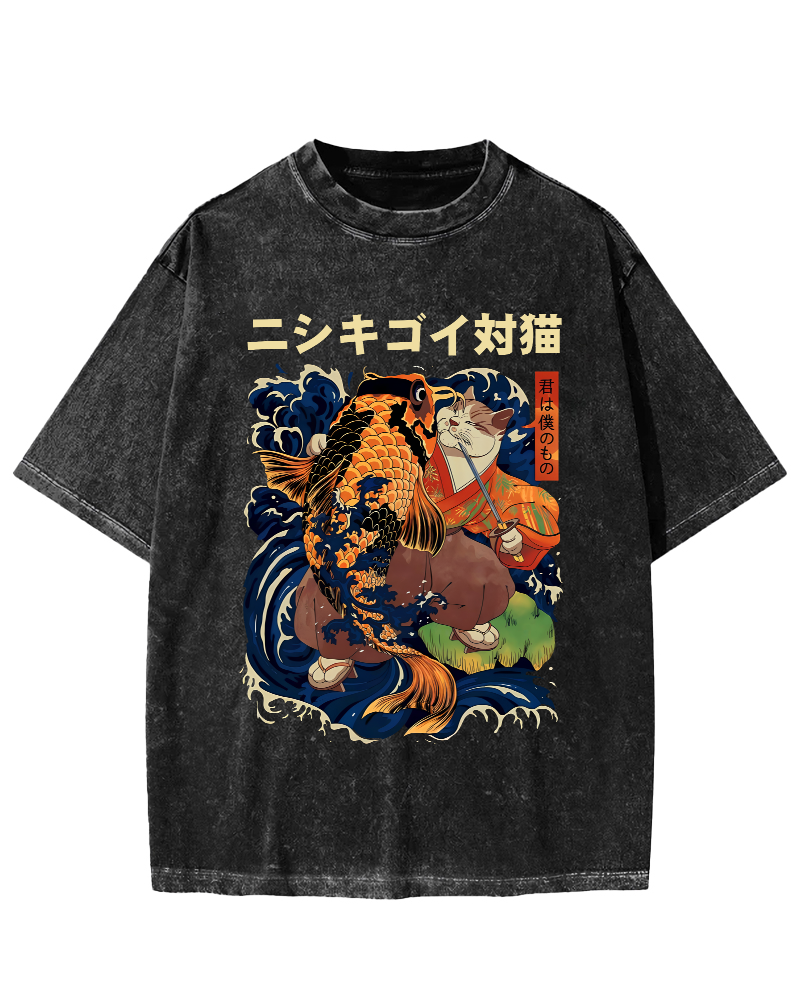 Koi and Cat Japanese Style Vintage Distressed T-shirt-Zazasy