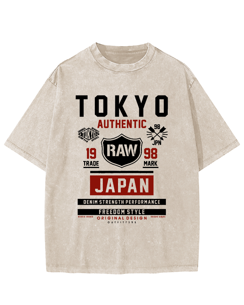 Retro Style Tokyo Text Vintage Washed T-shirt-Zazasy