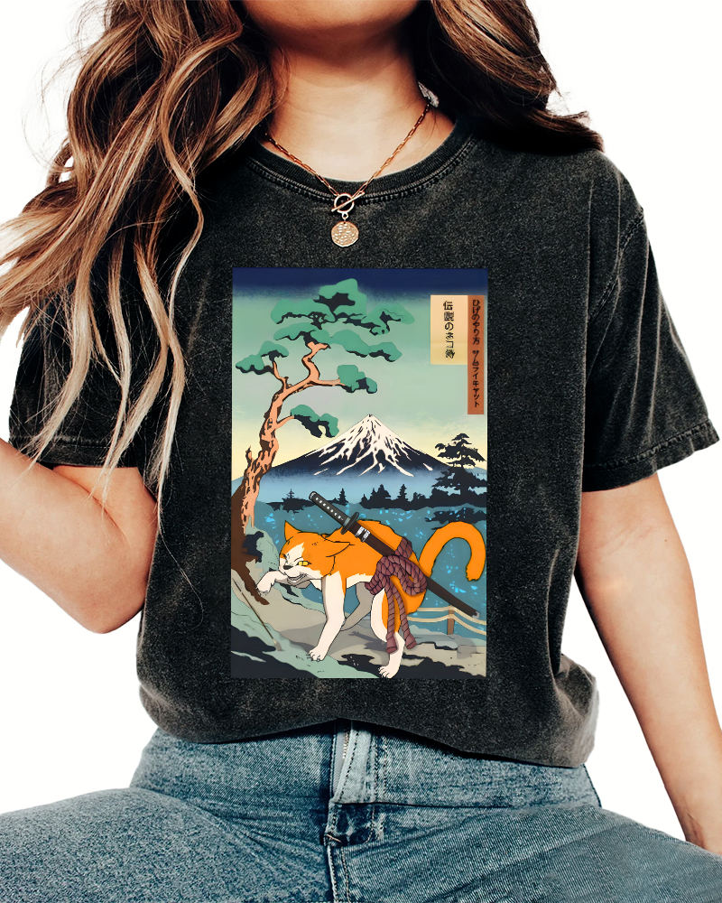 Edo Period Cat Pattern Vintage Washed T-shirt-Zazasy