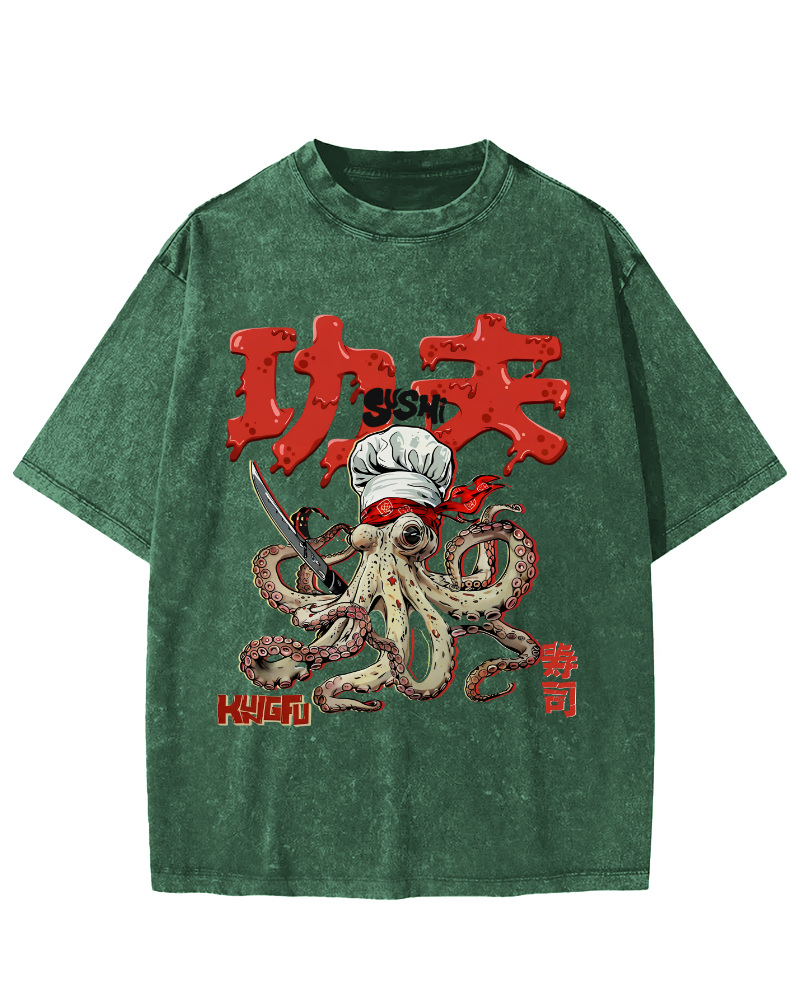 Kung Fu Sushi Japanese Vintage Washed T-shirt-Zazasy