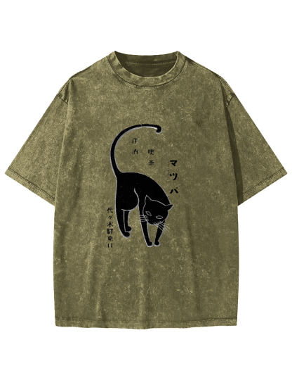 Japanese Character Cat Pattern Vintage Distressed T-shirt-Zazasy