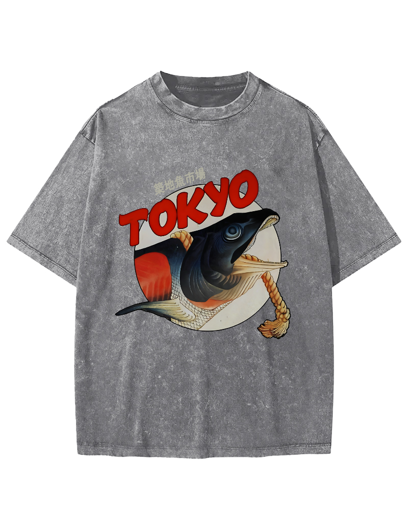 Tokyo Tsukiji Fish Market Vintage Washed T-shirt-Zazasy