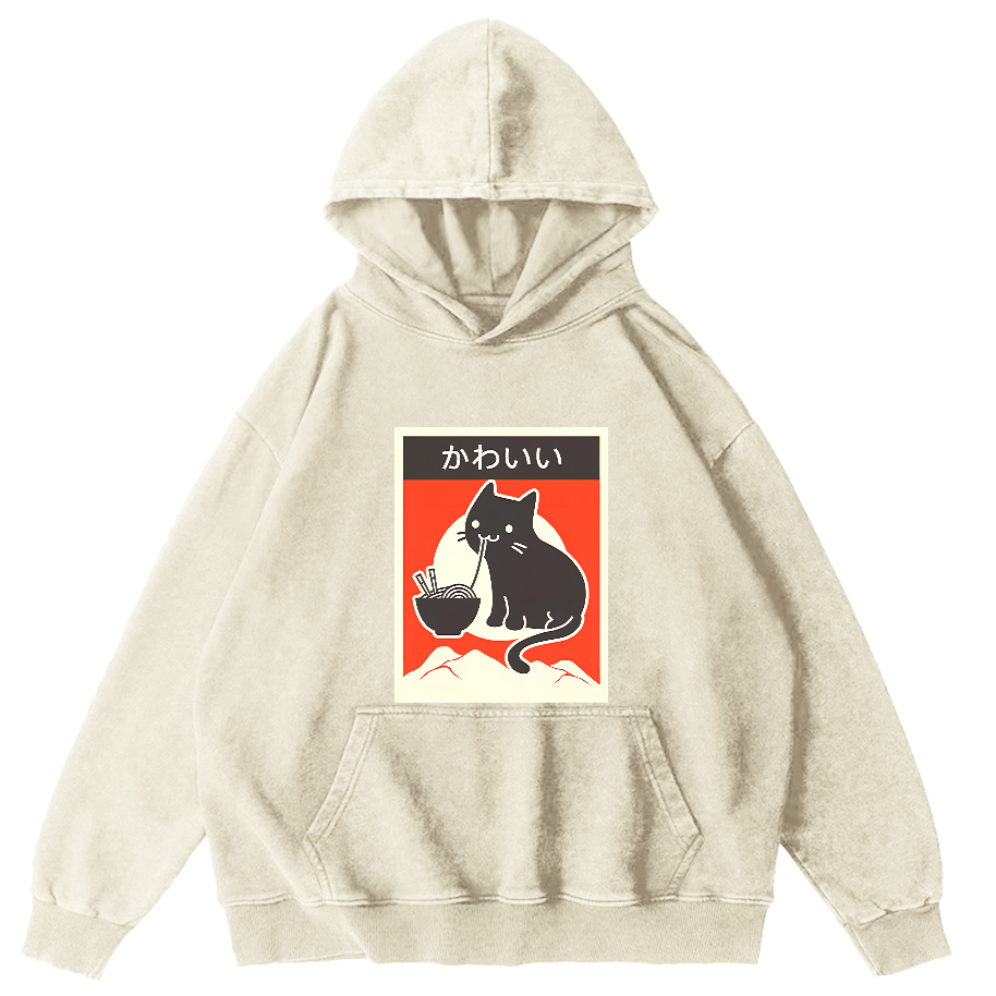 Noodle Loving Cat Patterned Washed Hoodie-Zazasy