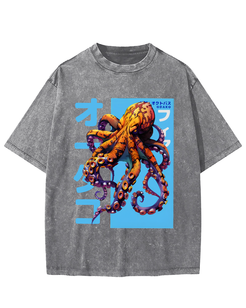 Octopus Monster Japanese Vintage Washed T-shirt-Zazasy
