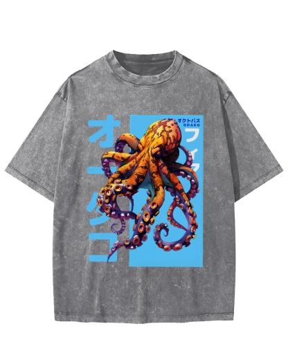 Octopus Monster Japanese Vintage Washed T-shirt-Zazasy