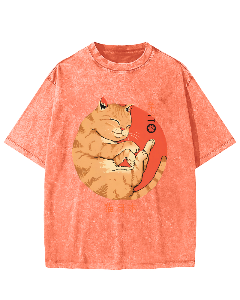 Lazy Japanese Cat Vintage Distressed T-shirt-Zazasy