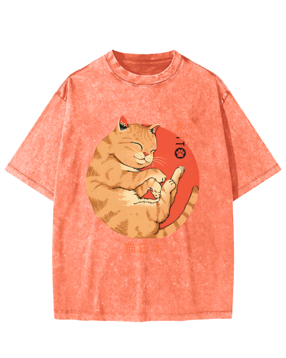 Lazy Japanese Cat Vintage Distressed T-shirt-Zazasy