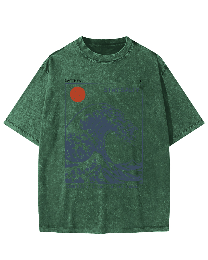 The Sunrise Scenery of Waves in Tokyo Vintage Washed T-shirt-Zazasy