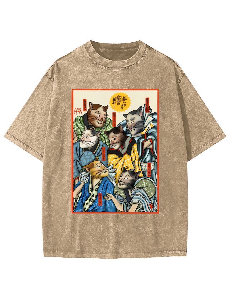 Japanese Samurai Cat Vintage Washed T-shirt-Zazasy
