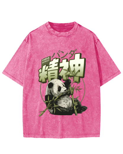 Panda Who Loves Bamboo, Japanese Style Vintage Washed T-shirt-Zazasy