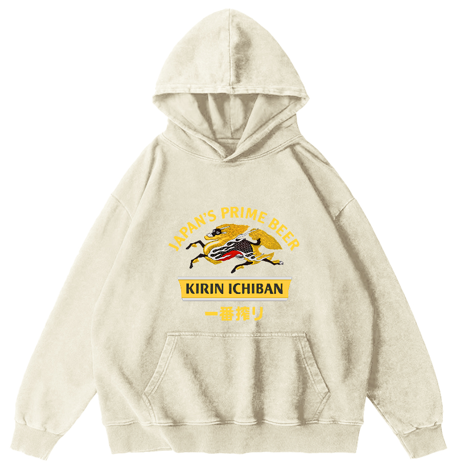 Kirin Ichiban Beer Logo Japanese Washed  Hoodie-Zazasy
