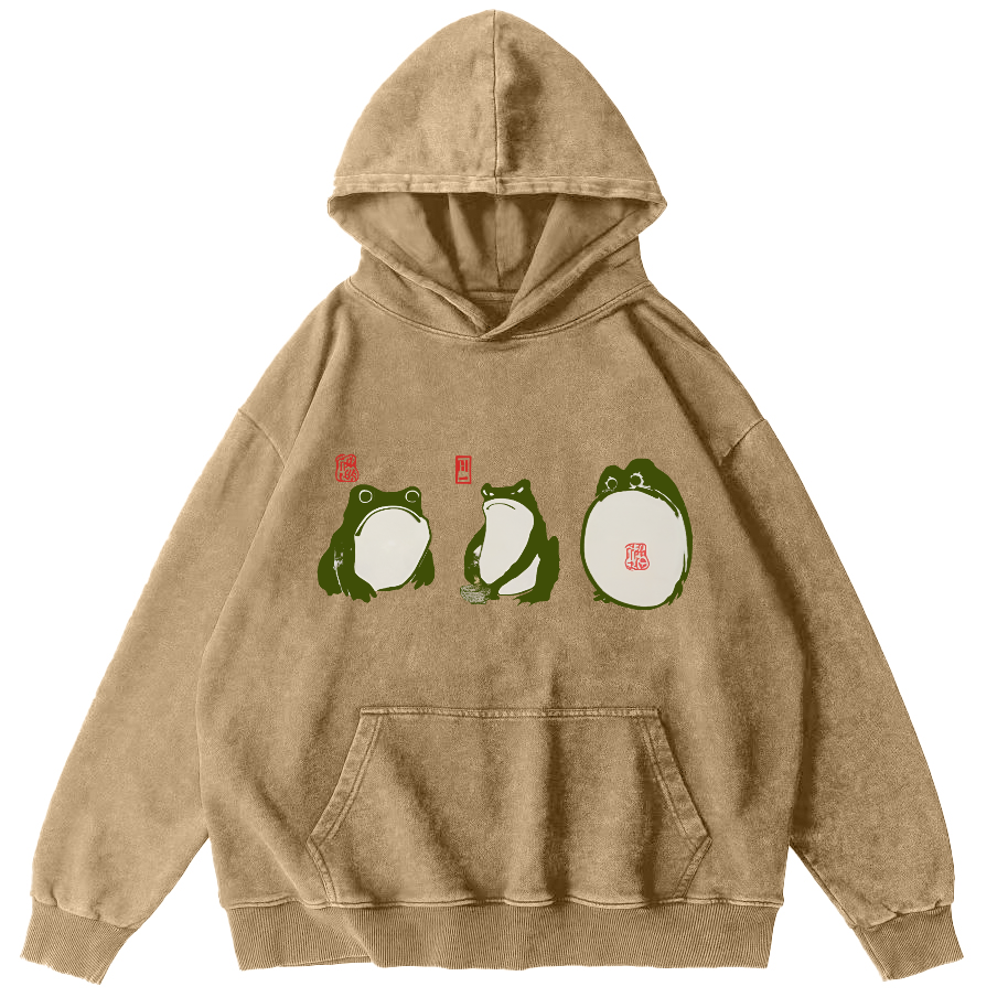 Cute Frog Japanese Style Vintage Washed Hoodie-Zazasy