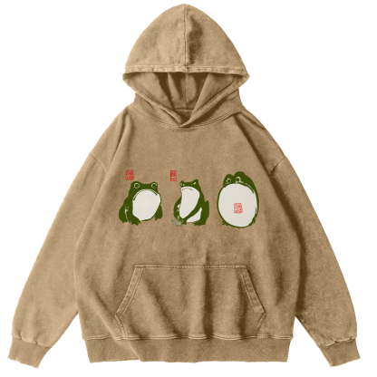 Cute Frog Japanese Style Vintage Washed Hoodie-Zazasy