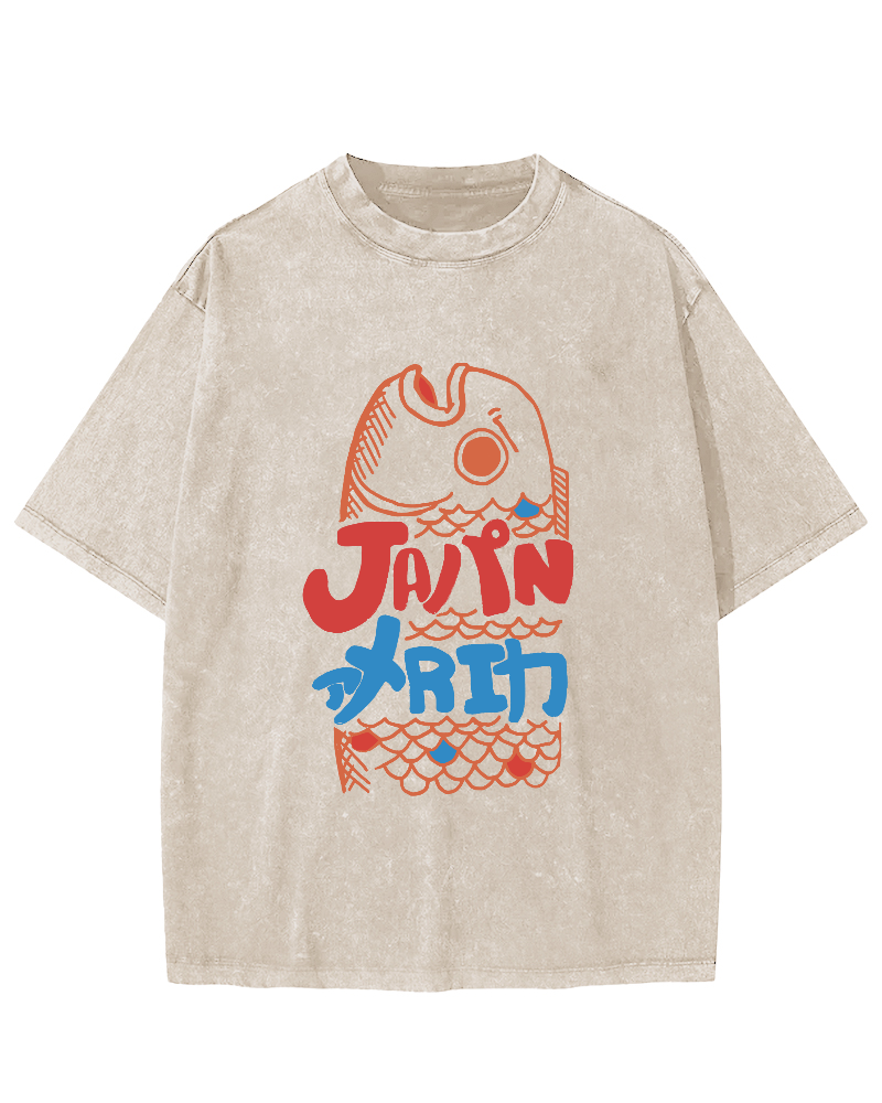 Japanese Abstract Sea Fish Vintage Washed T-shirt-Zazasy