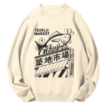 Tsukiji Seafood Market Round Neck Sweatshirt-Zazasy