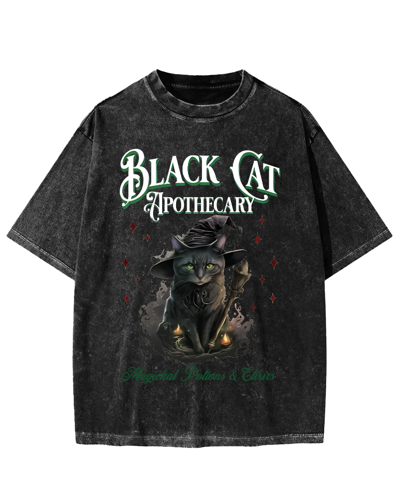 Black Cat Vintage Washed T-shirt-Zazasy