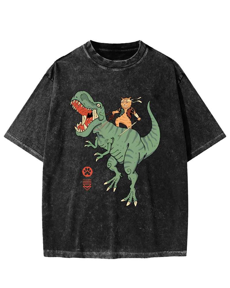 Japanese Style Warrior Cat Riding a Dinosaur Vintage Distressed T-shirt-Zazasy