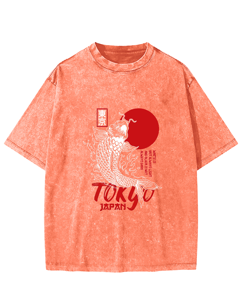 Japanese Script Koi Pattern Vintage Distressed T-shirt-Zazasy