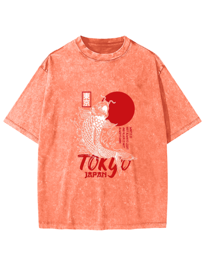 Japanese Script Koi Pattern Vintage Distressed T-shirt-Zazasy
