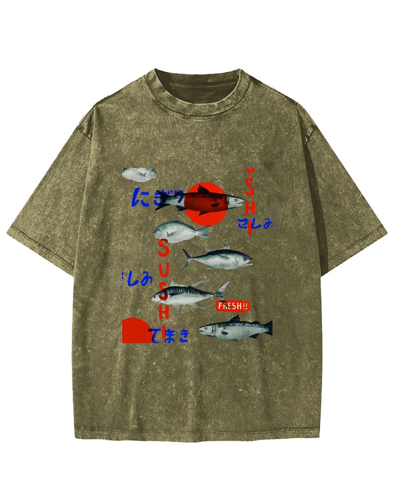 Japanese Sea Fish Pattern Vintage Distressed T-shirt-Zazasy