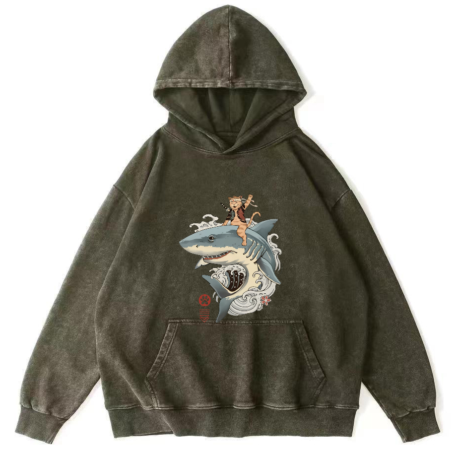 Cat Warrior Riding Shark Japanese Washed Hoodie-Zazasy