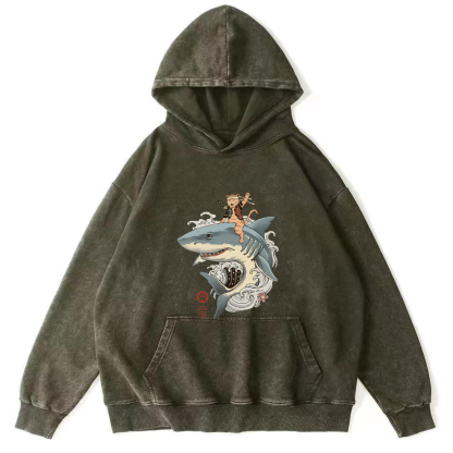 Cat Warrior Riding Shark Japanese Washed Hoodie-Zazasy