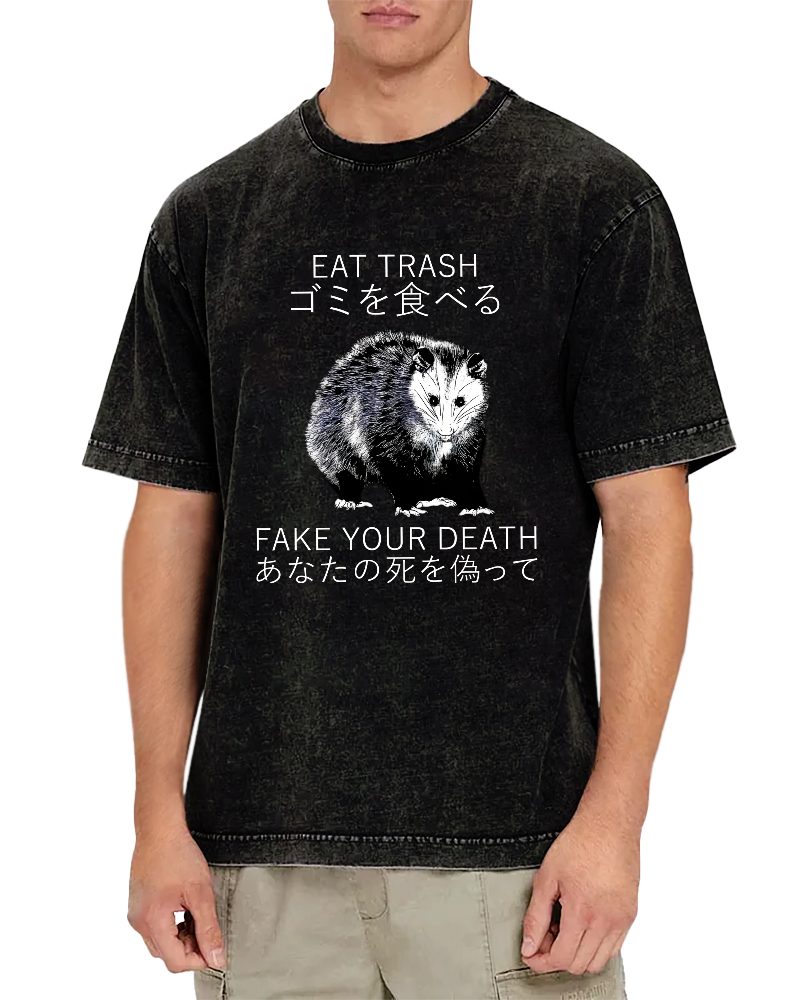 Japanese Style Opossums in Foraging Vintage Distressed T-shirt-Zazasy