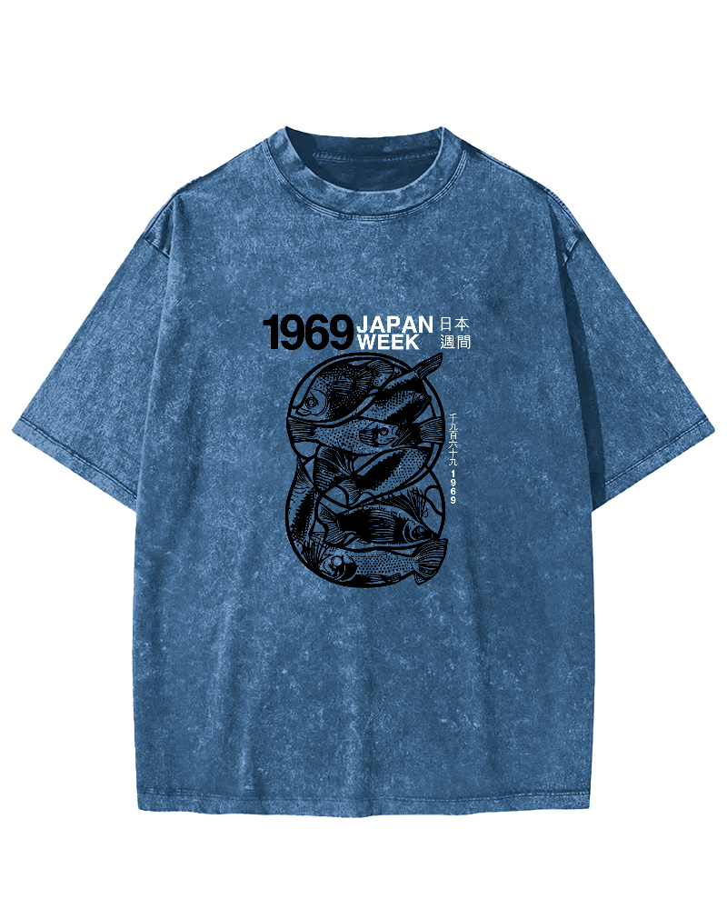 Japanese Script Fish Pattern Vintage Distressed T-shirt-Zazasy