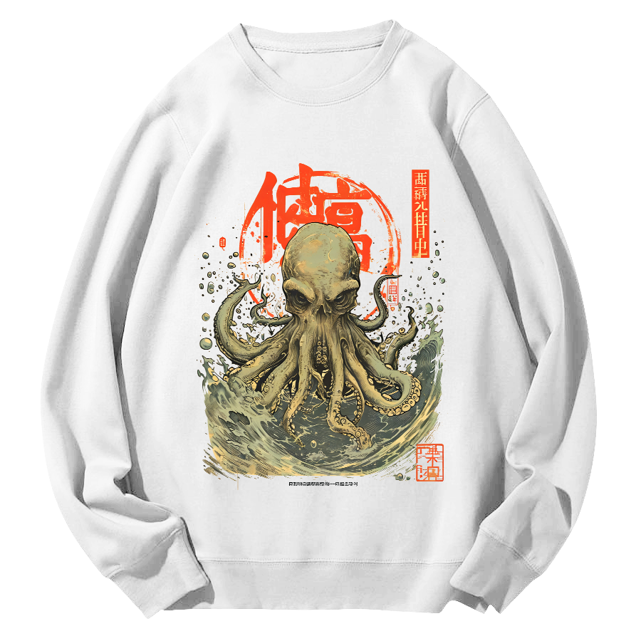 Japanese Style Octopus in The Hhuge Waves Round Neck Sweatshirt-Zazasy
