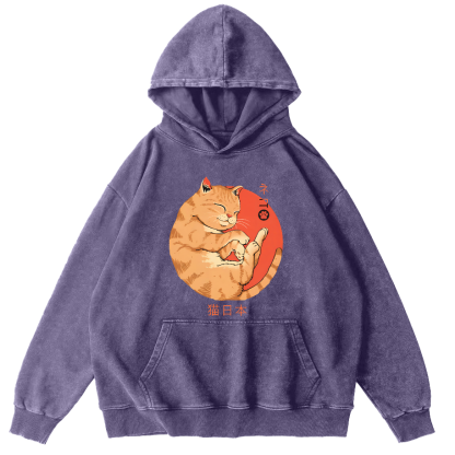 Lazy Japanese Cat Vintage Distressed Hoodie-Zazasy