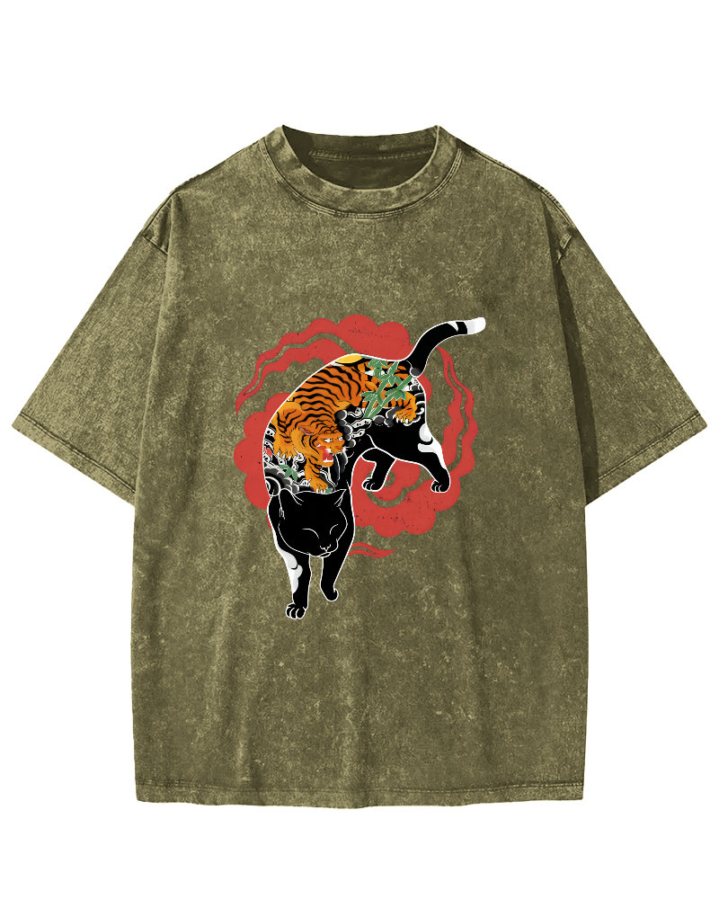 Tiger and Cat Pattern Vintage Distressed T-shirt-Zazasy
