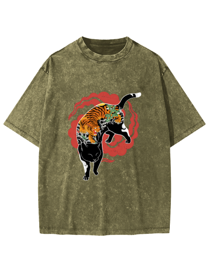 Tiger and Cat Pattern Vintage Distressed T-shirt-Zazasy