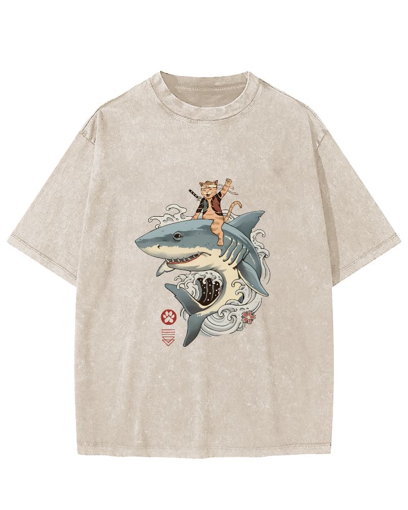 Shark Riding Cat Warrior Japanese Washed T-shirt-Zazasy