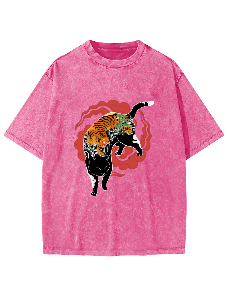 Tiger and Cat Pattern Vintage Distressed T-shirt-Zazasy