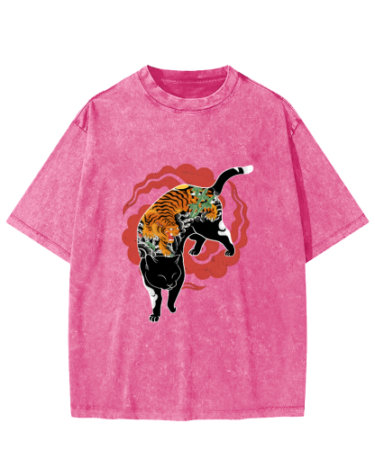 Tiger and Cat Pattern Vintage Distressed T-shirt-Zazasy