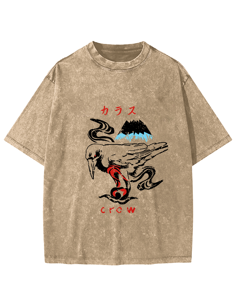 Retro Crow Pattern Vintage Distressed T-shirt-Zazasy