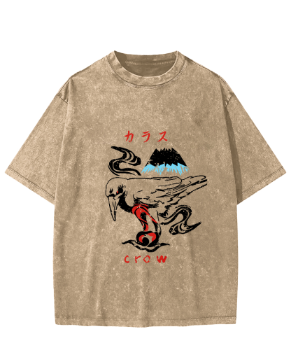 Retro Crow Pattern Vintage Distressed T-shirt-Zazasy