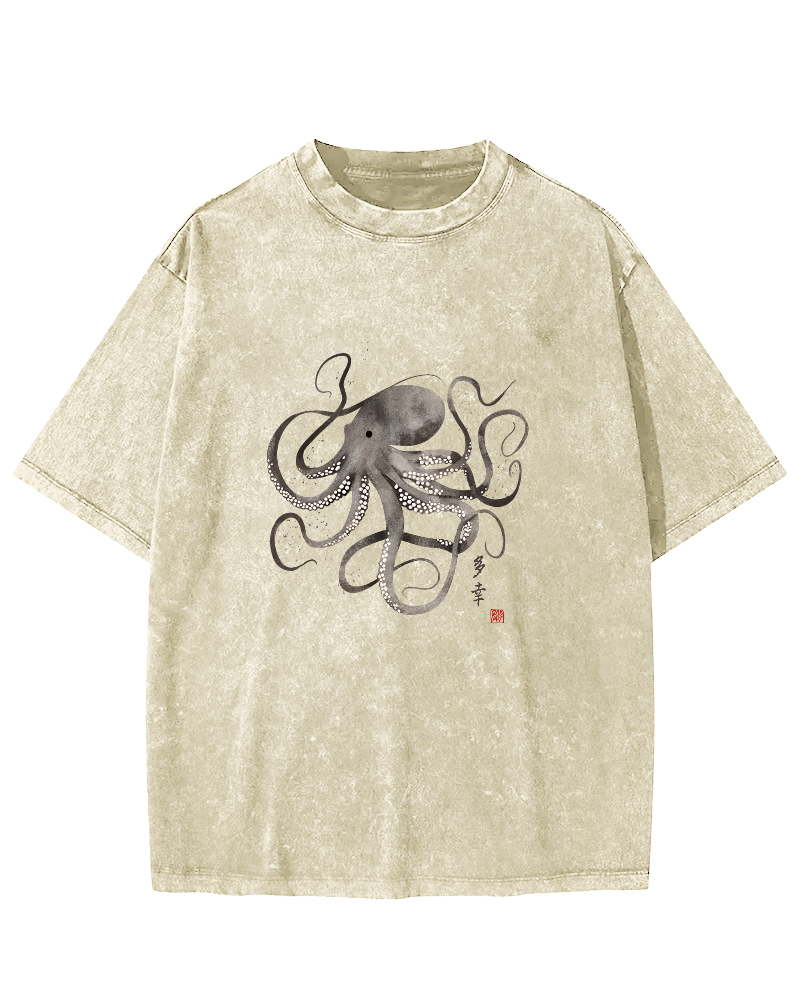 Japanese Octopus Pattern Vintage Distressed T-shirt-Zazasy
