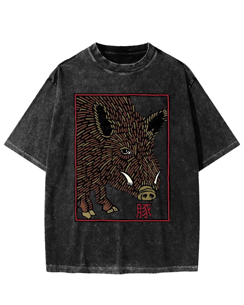 Woodcut Pig Vintage Washed T-shirt
