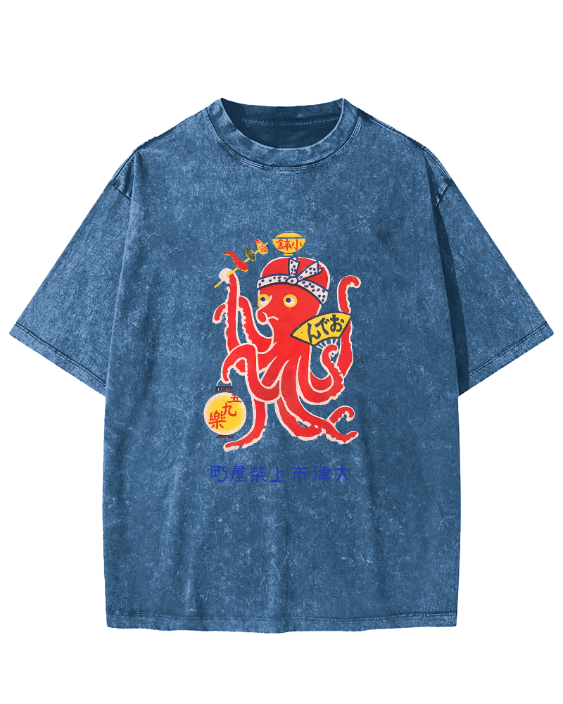 Japanese Octopus Pattern Vintage Distressed T-shirt-Zazasy