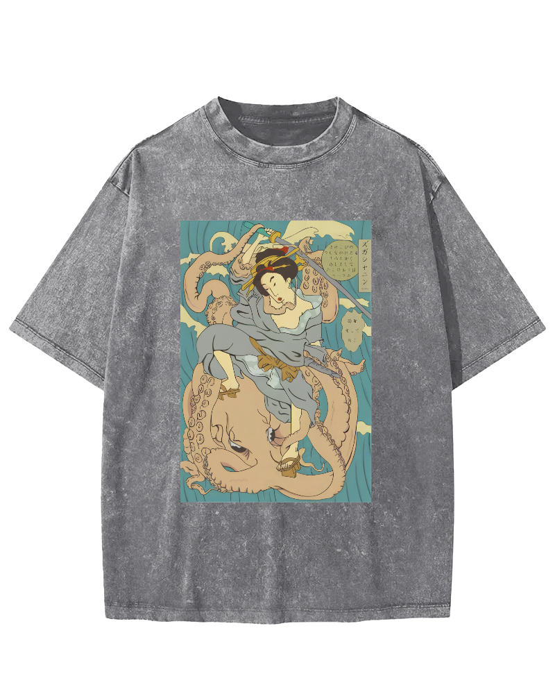 Ukiyo-i Japanese Women Vintage Washed T-shirt-Zazasy