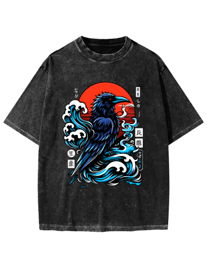Crows in The Waves, Japanese Style Vintage Distressed T-shirt-Zazasy